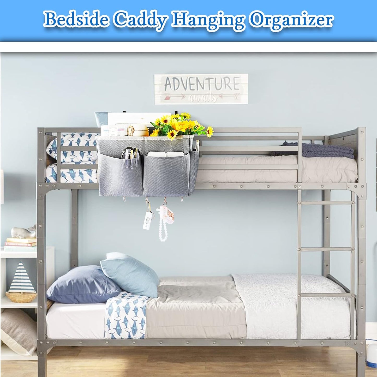 Bedside Caddy Organizer 5 Pockets and 4 Hooks for Bunk Bed Pink | Hanging Storage Bag for Headboards