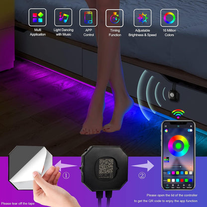 Under Bed Lights 2 Set*9.84ft Motion Activated RGB LED Strip Light, App Control/Variety Color/Dimmable/Dynamic Music Sync/5V USB, Motion Sensor LED Strip Light for Bed Cabinet Staircase Bedroom