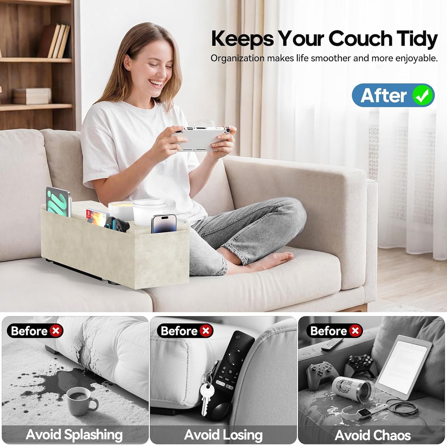 Removable Sofa Armrest Couch Caddy with Cup Holder Insert Between Cushions | Sofa Accessories Storage, Couch Armrest Pillow Table with Drink Holder