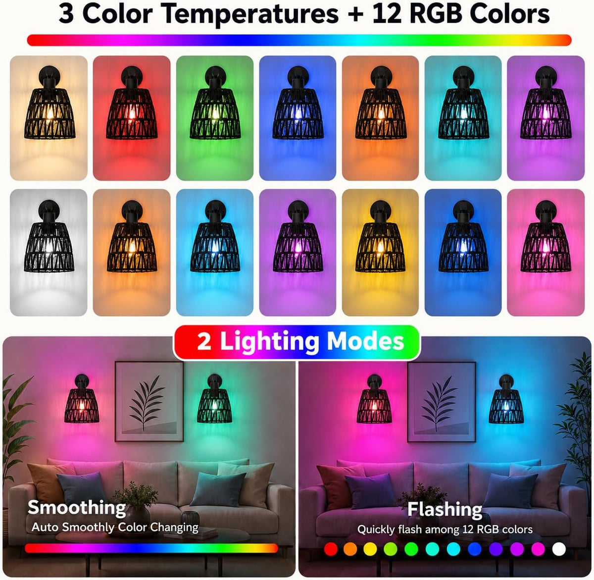 Boho Battery Operated Wall Sconces, Rattan Wall Sconce Set of 2 with Remote, RGB 15 Colors Dimmable Rechargeable Wall Light, Black Indoor Wireless Wall Lamp, Farmhouse Rattan Wall Lighting for Bedroom