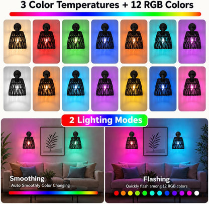 Boho Battery Operated Wall Sconces, Rattan Wall Sconce Set of 2 with Remote, RGB 15 Colors Dimmable Rechargeable Wall Light, Black Indoor Wireless Wall Lamp, Farmhouse Rattan Wall Lighting for Bedroom