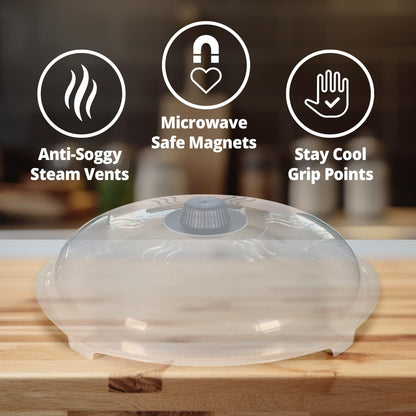 HOVER COVER Magnetic Microwave Splatter Cover for Food, 12-Inch - Black | Highest Power Magnetic Grip, BPA-Free Food Lid, Upgraded Handle, Vented Plate Guard, Dishwasher Safe, Space-Saving Storage