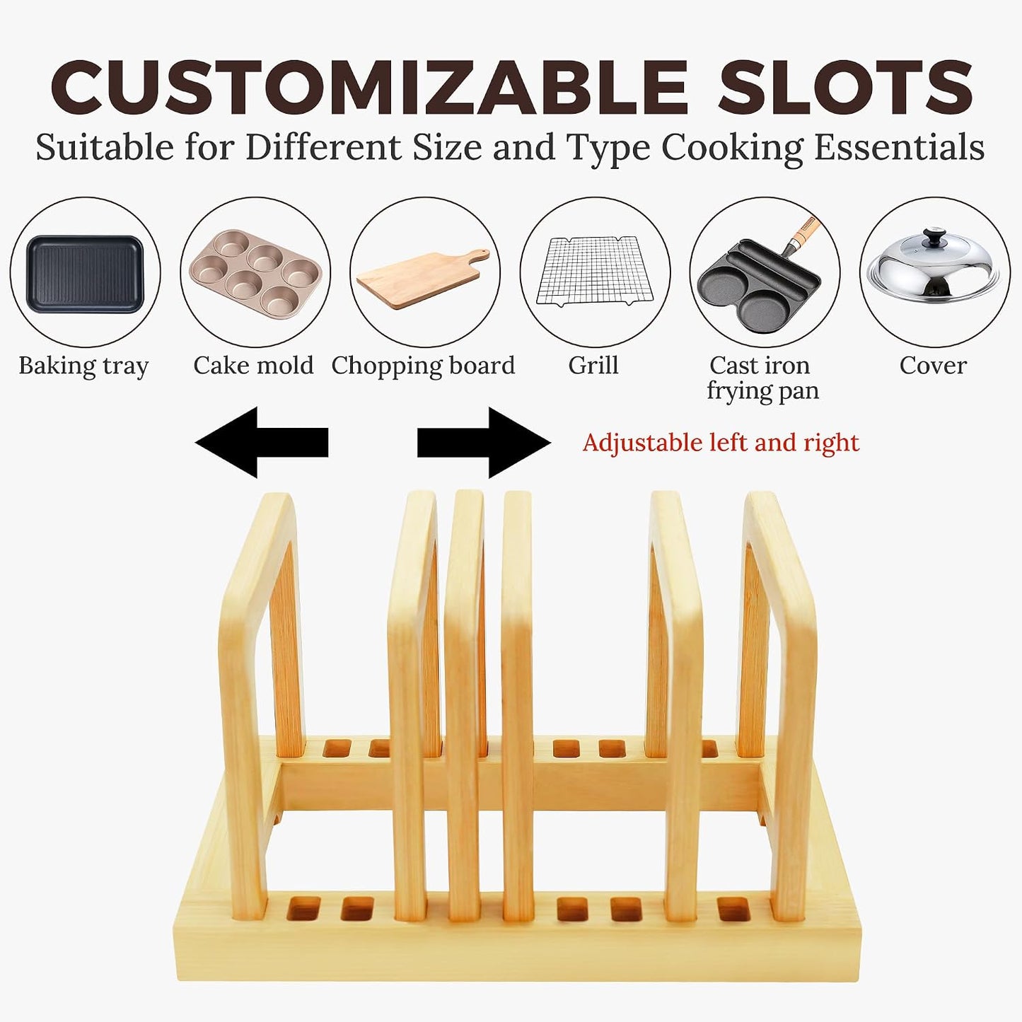 MinBoo Bamboo 5-Slot Adjustable Cutting Board Rack & Bakeware Organizer with Non-Slip Pads for Kitchen Storage,Small