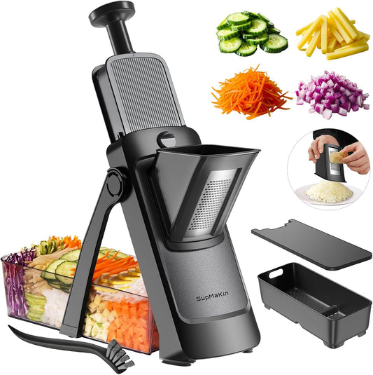 SupMaKin Safe Mandoline Slicer for Kitchen,Adjustable Potato Slicer 1-8 mm | 4 Modes Slice, Strips,Julienne Dicer,Vegetables Slicer Fry Food Cutter,Stainless Steel Blades, Foldable Dishwasher Safe,Gifts