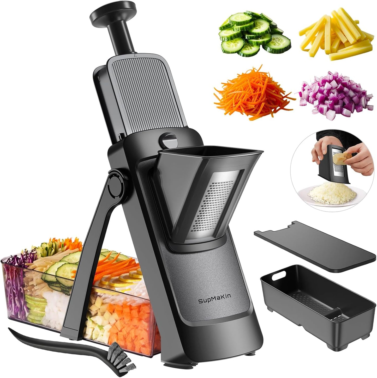 SupMaKin Safe Mandoline Slicer for Kitchen,Adjustable Potato Slicer 1-8 mm | 4 Modes Slice, Strips,Julienne Dicer,Vegetables Slicer Fry Food Cutter,Stainless Steel Blades, Foldable Dishwasher Safe,Gifts