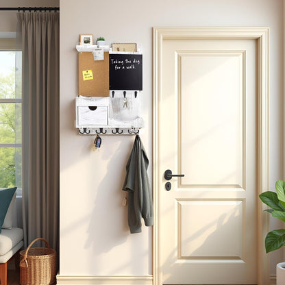 Key Holder for Wall Mount with Shelf and Mail Organizer, Key and Mail Holder with 16 Hooks, Farmhouse Entryway Organizer, Home Decor Rack (Pine Wood, White Washed)