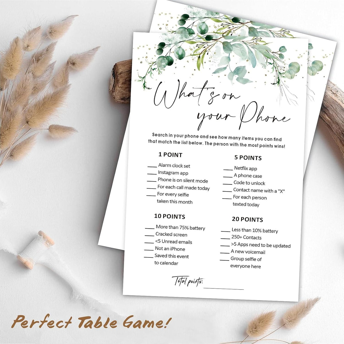 What’s on Your Phone Game Cards Set of 30, 5x7 in Icebreaker Bingo Cards, Greenery Office Team Games, Birthday Party Games for Adults, Back to School - 02