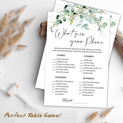 What’s on Your Phone Game Cards Set of 30, 5x7 in Icebreaker Bingo Cards, Greenery Office Team Games, Birthday Party Games for Adults, Back to School - 02