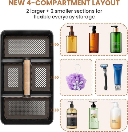 BYUNER Portable Cleaning & Shower Caddy with Handle: Rigid Plastic Basket with 4 Divided Compartments, All-Side Drainage for College Dorm, Bathroom & Utility Use, Black/Gold