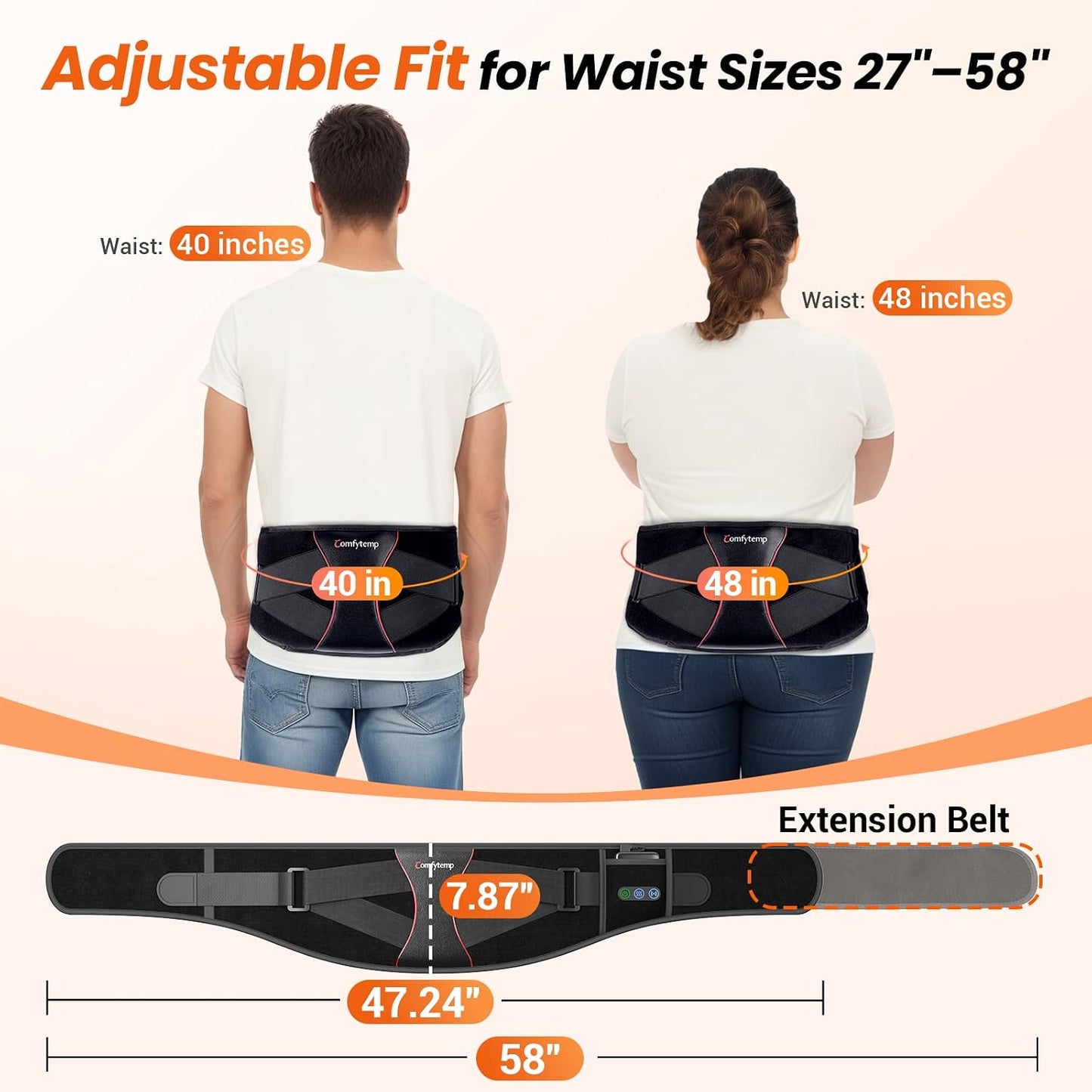 Comfytemp Cordless Heating Pad for Back with Massager 3D Back Pad Portable | FSA Eligible HSA, Lower Back Massager Wearable FIR, Rechargeable Wireless Heated Waist Belt, 3 Heat&Vibration&Intensity, 58"