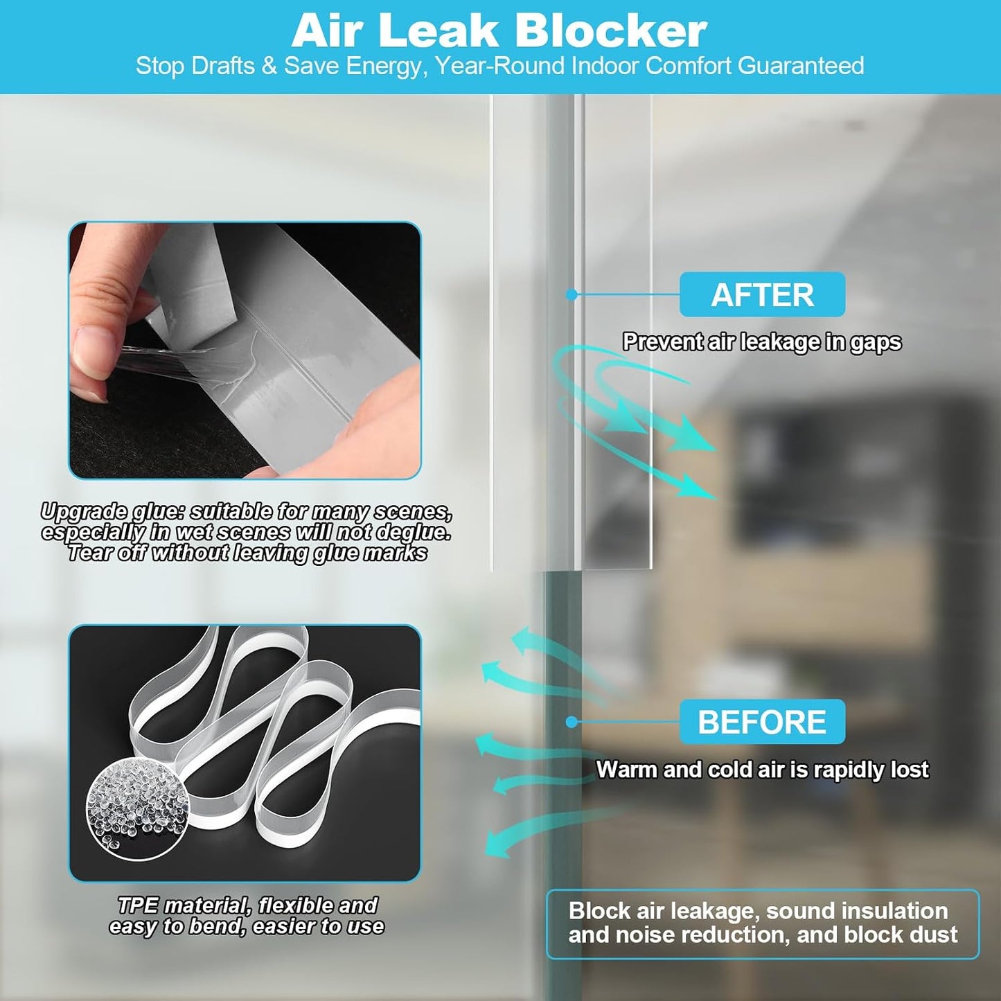 Weather Stripping Door Seal, 20 Ft Shower Door Seal, Clear, 1 in | Flexible door sweep for frames, fits doors, windows, and glass showers, seals gaps up to 0.5", blocks air leaks and dust