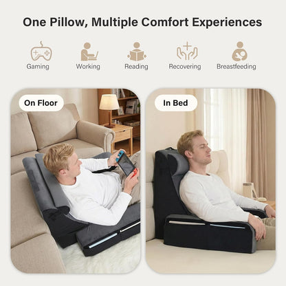 Vekkia 21" Reading Pillow for Bed with Adjustable Arms and XL Side Pockets | 60° Wedge Back Support, Washable Cover, Support Chair for TV, Gaming, Working, Nursing, Recovery in Bed & Floor, Black/Gray