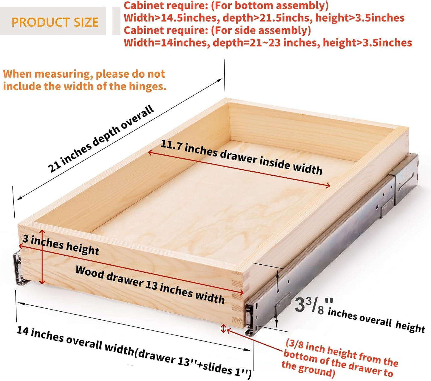 32''W x 21''D x 3''H Pull Out Cabinet Drawer Soft Close Slide Out Wood Organizer for Kitchen, Finished, Bottom and Side Assembly (Wood Drawer Part Width is 31inch)