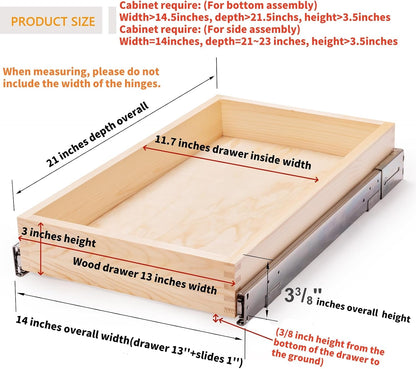 32''W x 21''D x 3''H Pull Out Cabinet Drawer Soft Close Slide Out Wood Organizer for Kitchen, Finished, Bottom and Side Assembly (Wood Drawer Part Width is 31inch)