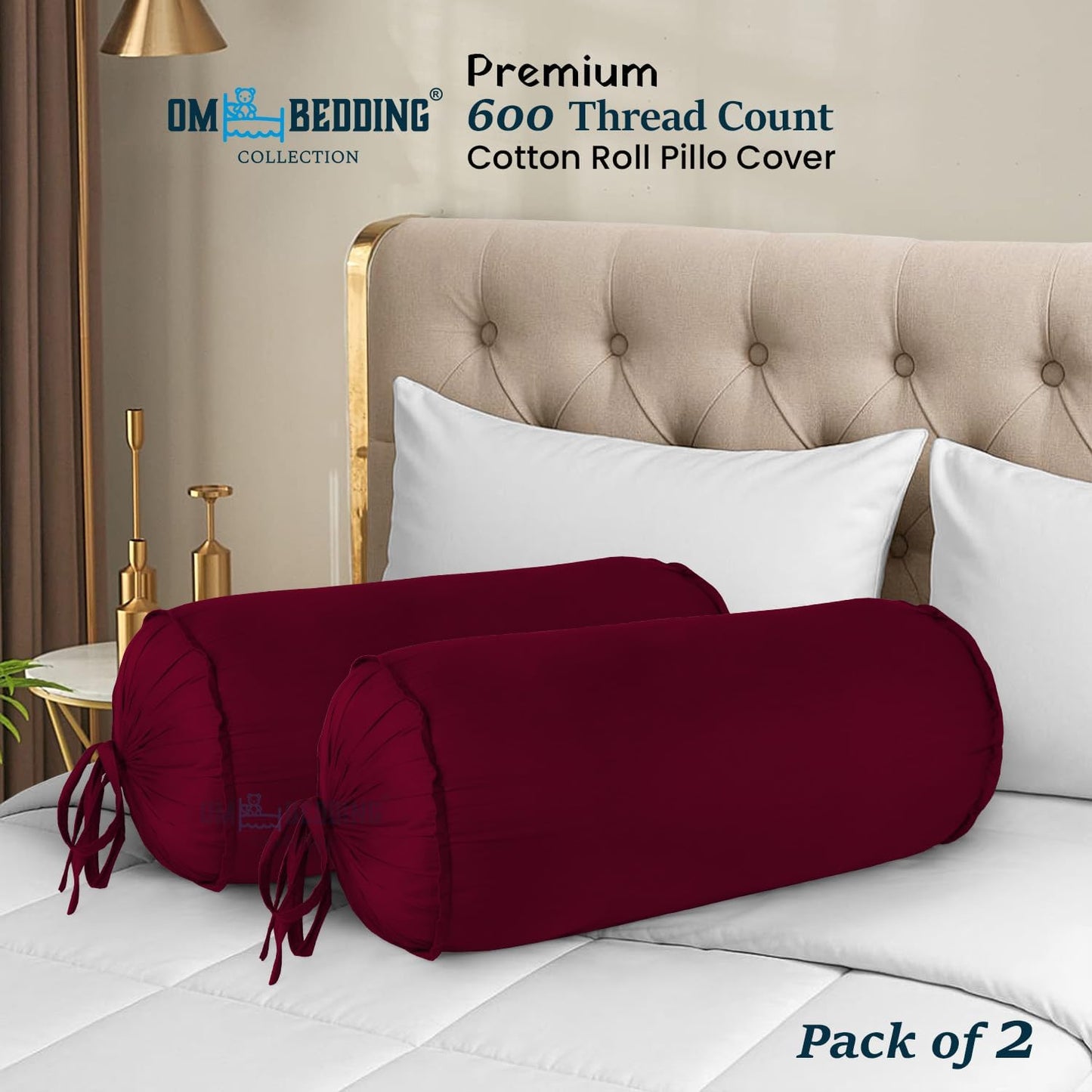 SAHARBEDDINGS 2 Pieces Cervical Neck Roll Pillow Cover with Cotton Bolster Pillowcases for Cylindrical Cushion and Drawstring Closure Round Neck Pillowcase (Plum, Roll Pillow 18x3 Pack of 2)