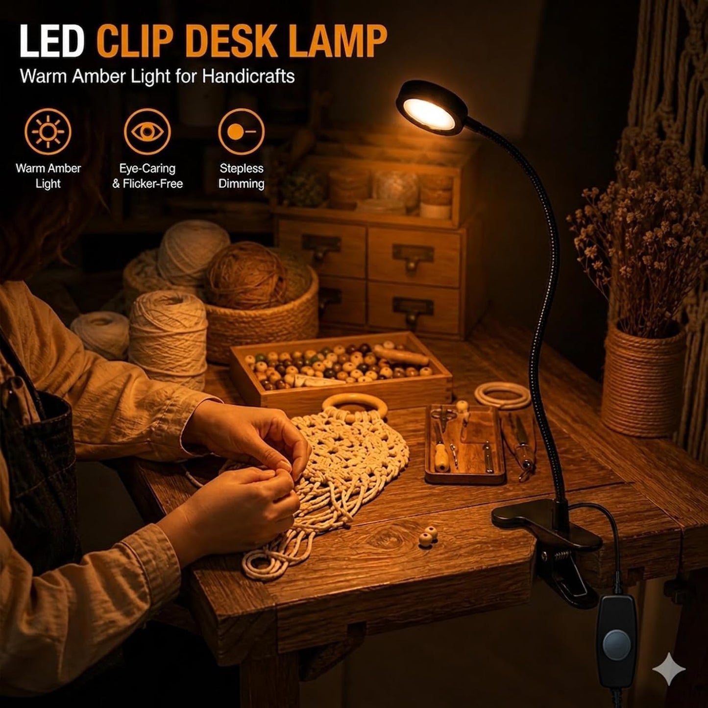 USB Clip-On Lamp, Eye Caring Dimmable Reading Light (Warm+Cool White, 8W) | Dimmable, Inline Switch, 1M Timer, USB 5V Port, 3000K+6000K, 81inch Long Cable, Flexible Gooseneck, Metal Head and Clip