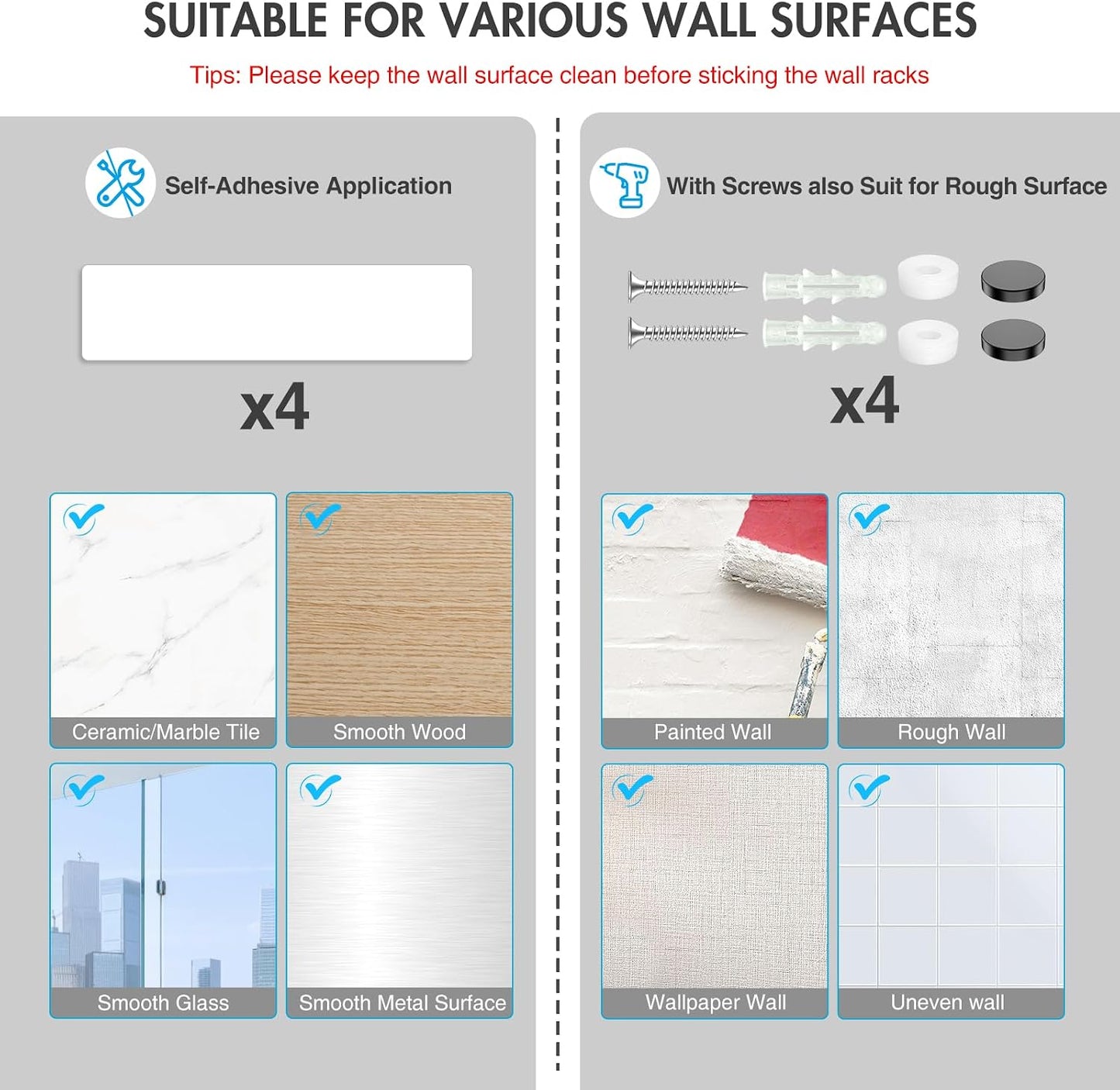 homeasy Wall Mount Mop and Broom Holder, Heavy Duty Stainless Steel Organizer Rack with Hooks | 2-Pack, 2-in-1 No Drill & Screw Installation, Silver