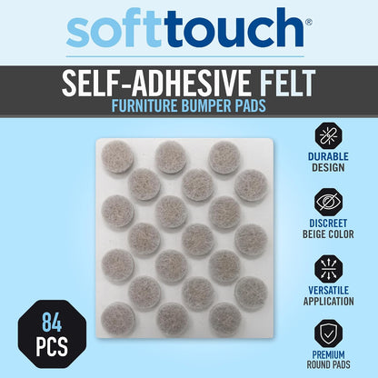 SoftTouch 3/8" Round Mini Self-Stick Furniture Slider Felt Pads for Hard Surfaces, Noise-Reducing Adhesive Furniture Moving Pads for Beds, Sofas, Dressers, 84-Count, Beige
