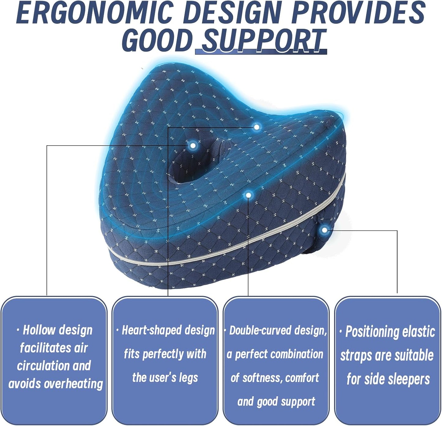 Knee Pillow for Side Sleepers, Memory Foam Leg Support with Adjustable Strap, Breathable Hollow Design for Hip and Back Comfort, Blue