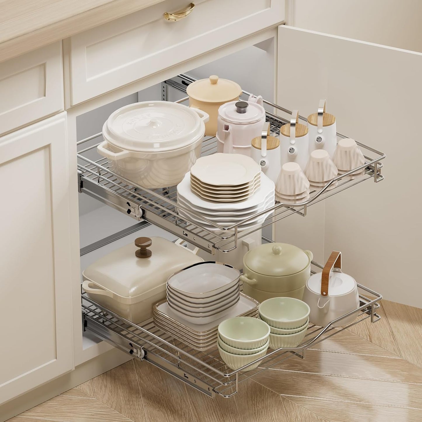 DINDON 2 Tier Pull Out Cabinet Organizer (20" W X 21" D), Double Tier Wire Basket Slide Out Shelf Storage for Kitchen Base Cabinet Organization for Kitchen, Pantry, Bathroom, Chrome
