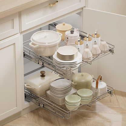 DINDON 2 Tier Pull Out Cabinet Organizer (20" W X 21" D), Double Tier Wire Basket Slide Out Shelf Storage for Kitchen Base Cabinet Organization for Kitchen, Pantry, Bathroom, Chrome