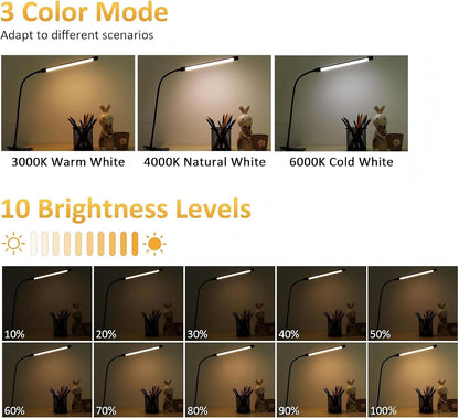 Clip on Desk Lamp with Clamp,Dimmable Eye Caring Book Reading Light for Bed | 54 LED 3 Color 10 Brightness, Push Button,USB Powered with Adapter, Flexible Gooseneck Clamp Lamp for Computer Workbench Nail