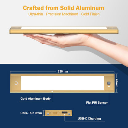 V4light Motion Sensor Cabinet Light, Rechargeable, Dimmable, 2Pcs, 9in | Gold aluminum, magnetic wireless, 1800mAh, 3 color temps & dimmable, ideal for kitchen cabinets, shelves & closets