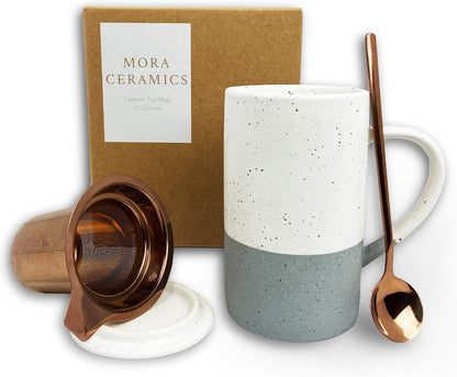 Mora Ceramics Tea Cup with Loose Leaf Infuser, Spoon and Lid, 12 oz, Microwave and Dishwasher Safe Coffee Mug - Rustic Matte Ceramic Glaze, Modern Herbal Tea Strainer - Great Gift for Women, Garnet