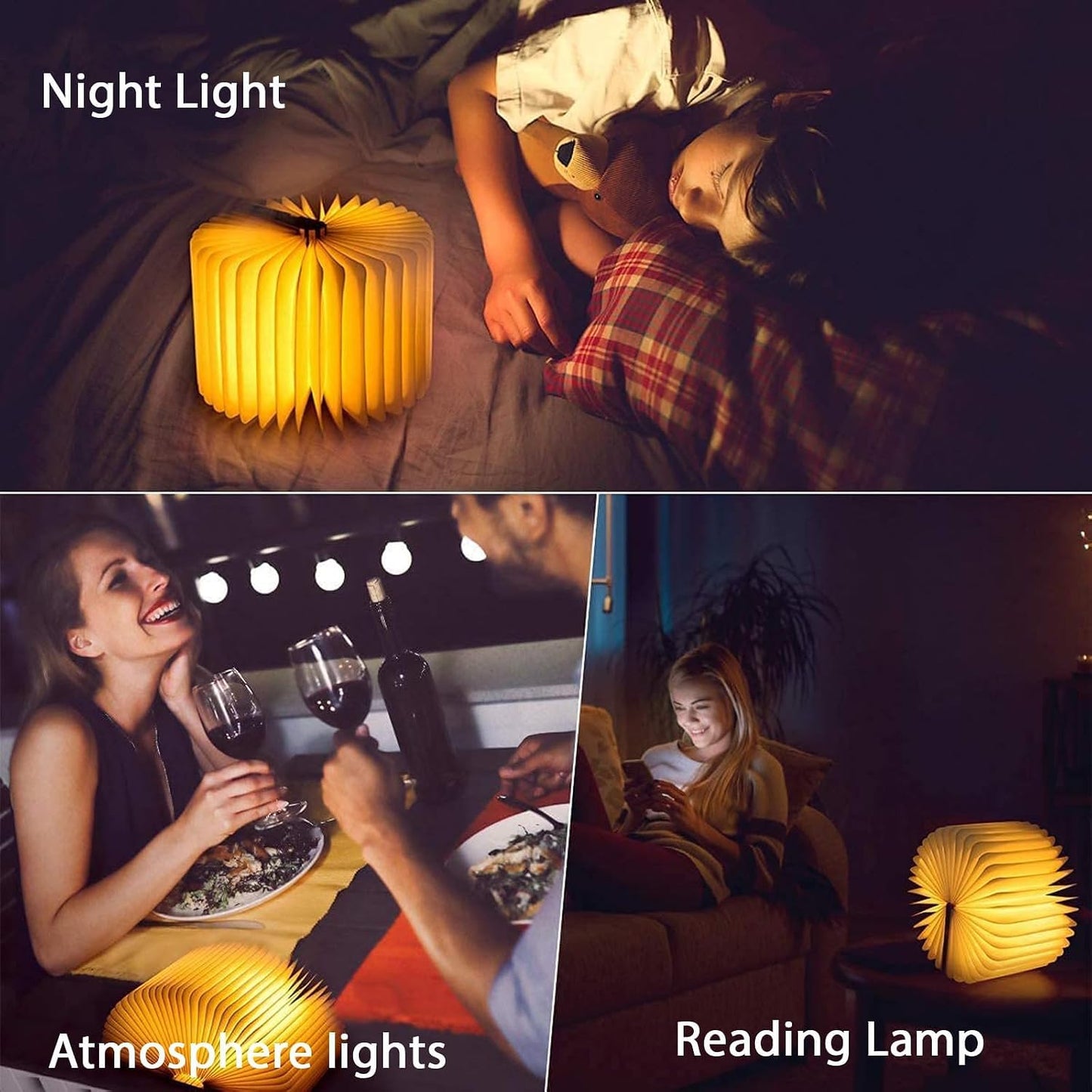 5.7 Inch Wooden Book Lamp, Multicolor Folding Book Lamp Automatically Changes Color, USB Rechargeable Book Lights, Novelty Night Light ﻿ (3Color, Large)