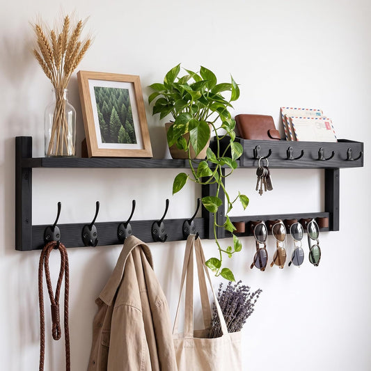 Wooden Key Holder Wall Mount with Shelf, Wall Key Rack and Mail Holder with 9 Key Hooks and 6 Sunglasses Holders, Farmhouse Key Hanger for Entryway Living Room Bedroom, Rustic Brown