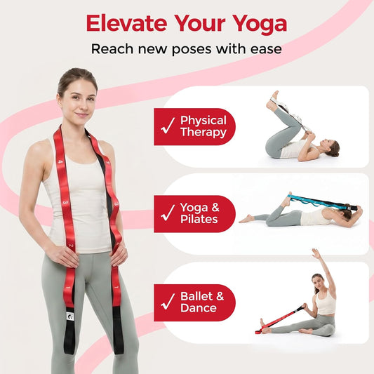 Slim Panda Stretching Strap with Loops - Non-Elastic Heavy Duty Nylon Yoga & PT - Oversized Multi-Loop Home Rehab - Hamstring Shoulder Pilates Flexibility