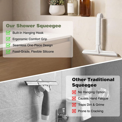Roylvan Silicone Shower Squeegee for Glass Doors with Built-in Hook, Black | All-in-One Shower Squeegee with Ergonomic Grip, Household Window Mirror Cleaner for Bathroom Glass Kitchen Tile Wall Car