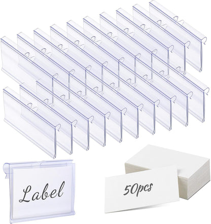 Meetory 50 PCS Clear Plastic Label Holders for Wire Shelf Retail Price Label, Basket Bin Labels Clip On, Labels for Storage Bins, Merchandise Sign Display Holder for Supermarket,Label Papers Included