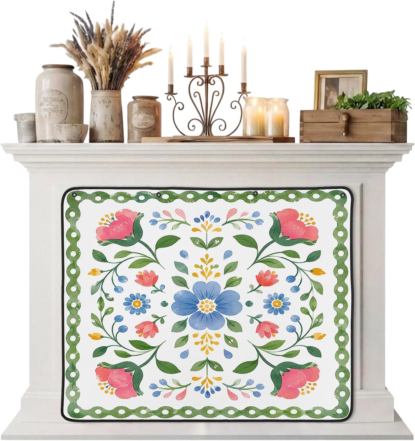 Magnetic Fireplace Cover Bird Branches Fireplace Screen Decorative Green Leaves Frame Insulation Fireplace Blocker Blanket Save Energy Fireplace Draft Stopper Covers for Living Room 45x34 Inch
