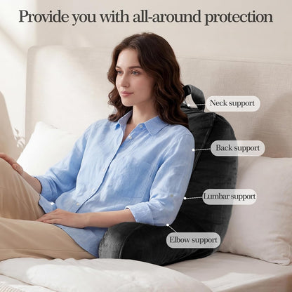 Reading Pillow for Bed with Arm Support, Large Backrest Cushion for Sitting Up in Bed, Plush Ergonomic Back Pillow for Reading, Watching TV, Gaming & Relaxing,Pillow with Shredded Memory Foam,Grey