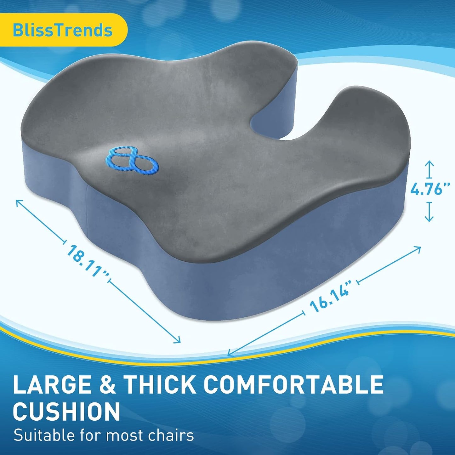 BlissTrends Memory Foam Seat Cushion for Office Chair & Car Seat, Black | 4.7in Ergonomic Tailbone & Sciatica Support with Removable Velvet Cover for Pressure Relief and Long Sitting Comfort