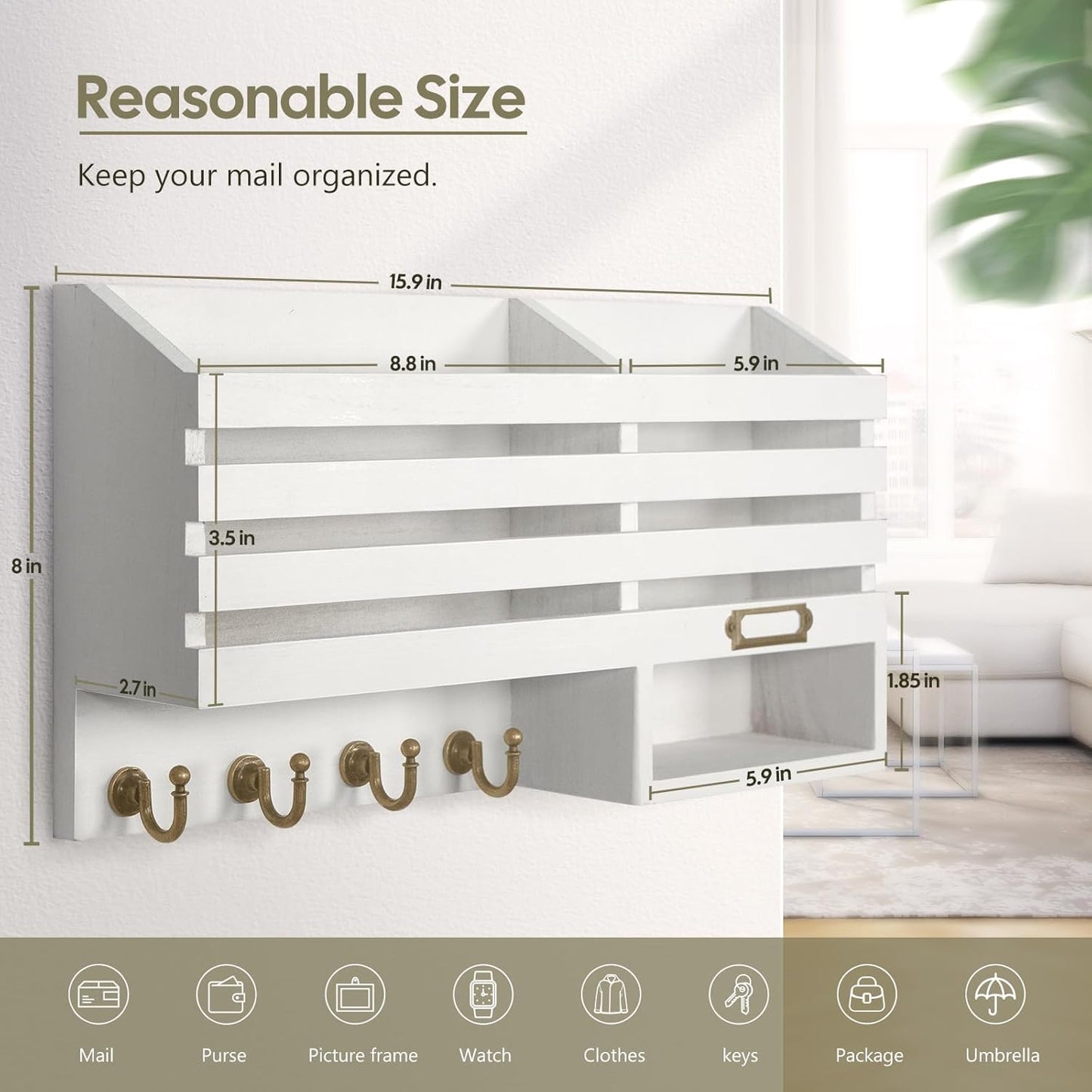 FifthQuarter Key and Mail Holder Wall Mount with Drawer and 6 Sturdy Hooks | Cute Rustic Farmhouse Wooden Key Hanger, Reliable Entryway Organizer for Keys and Daily Essential, Easy Installation, A-White