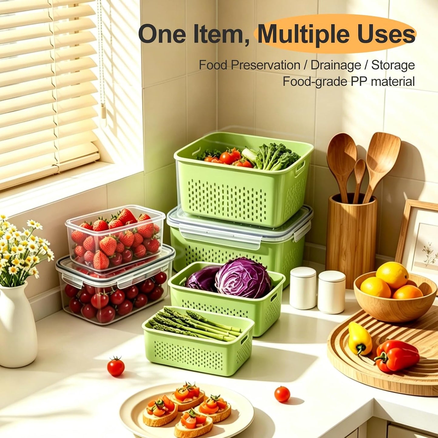 YudouTech 4 PCS Fruit Storage Containers for Fridge-Features removable Colander,All-in-One Fruit Washing Bowl & Colander,Microwave/Dishwasher Safe for Berry,Lettuce,Salad & Meat Fresh Longer,Green