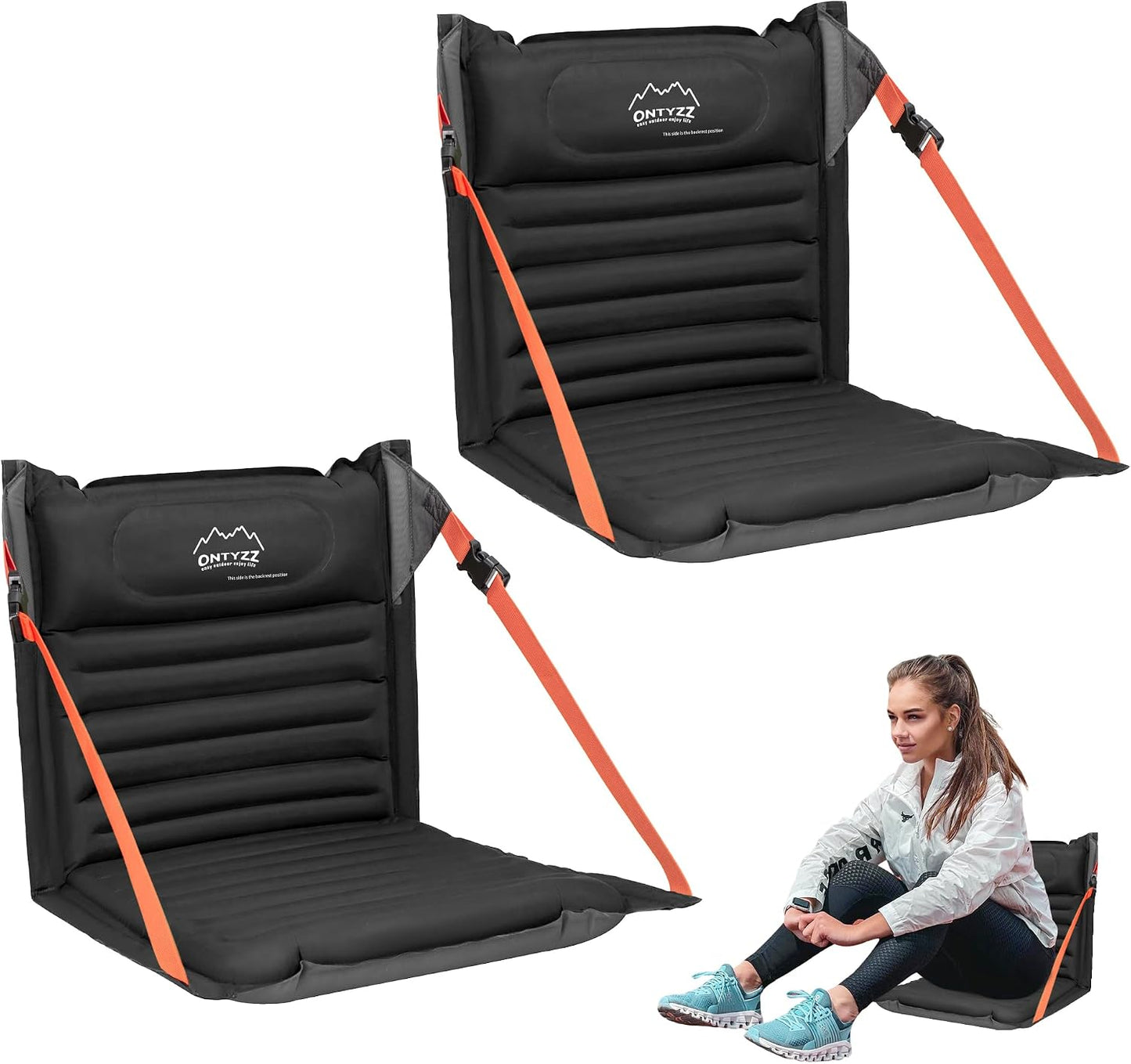 Stadium Seats with Back Support Inflatable Portable Folding Seat | Waterproof Cushion with Backrest for Sports Events Stadium and Camping, Black Heated Version