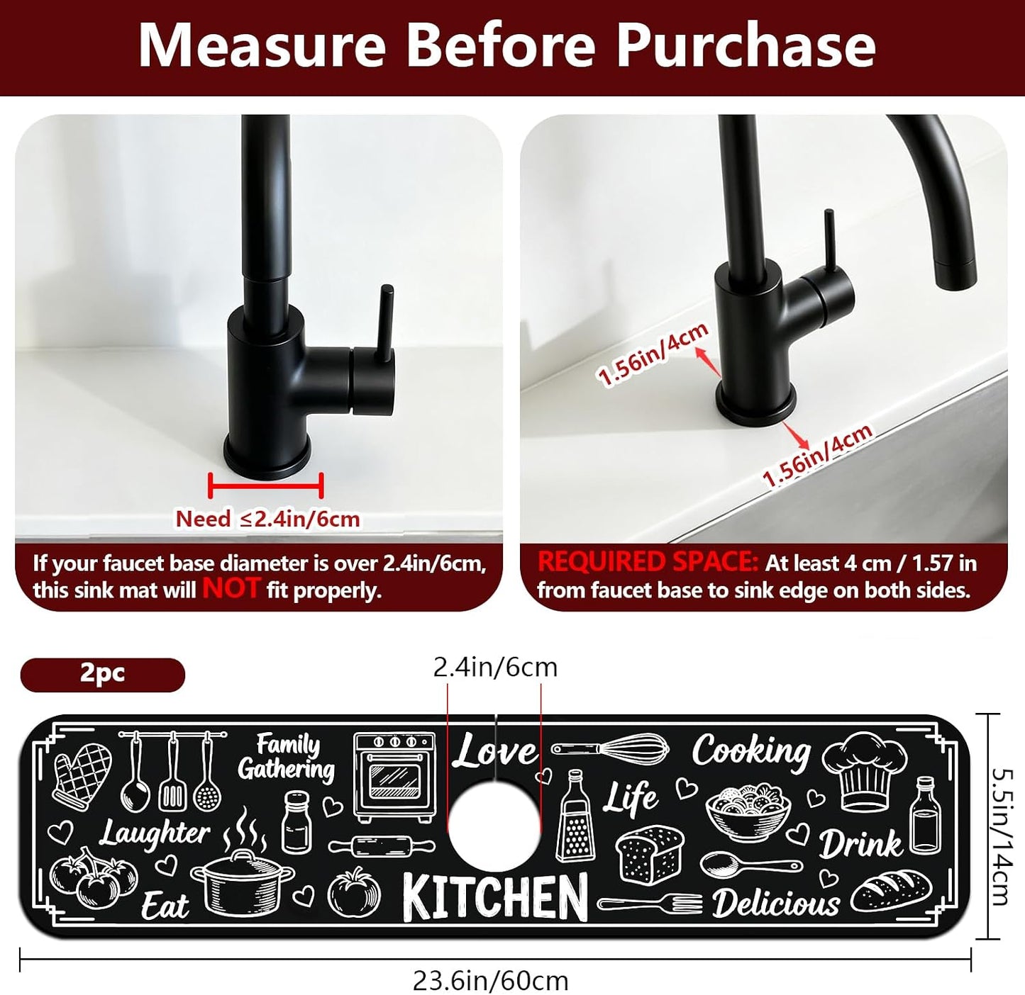 2 Pcs Kitchen Sink Splash Guard Faucet Mat Wood Grain Pattern Faucet Mat for Sinks Natural Wood Color Absorbing Drying Mats for Kitchen Bathroom, 23.6x5.5inch