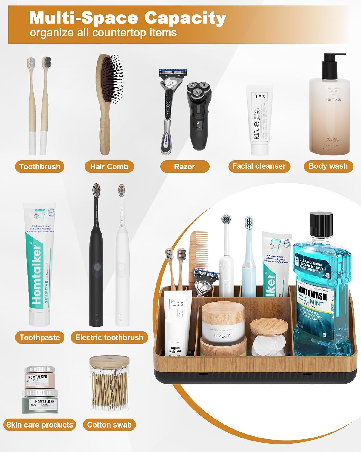 Bathroom Counter Organizer and Storage, 7 Slots Detachable Toothbrush Holders for Bathrooms, Anti-Slip Electric Toothbrush and Toothpaste Holder Countertop Vanity Organizer Accessories for Adults Kids
