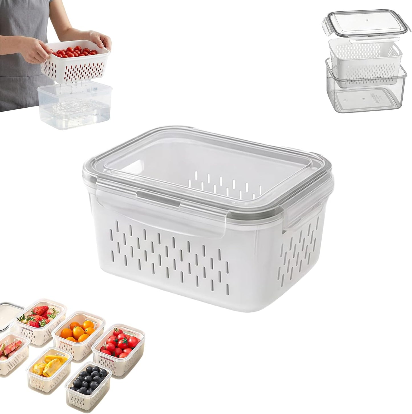 Fruit Storage Containers for Fridge, 4 in 1 Food Storage Container with Removable Colander, Airtight Produce Saver, Stackable Fridge Organizer for Wash, Drain & Store (Gray, S)