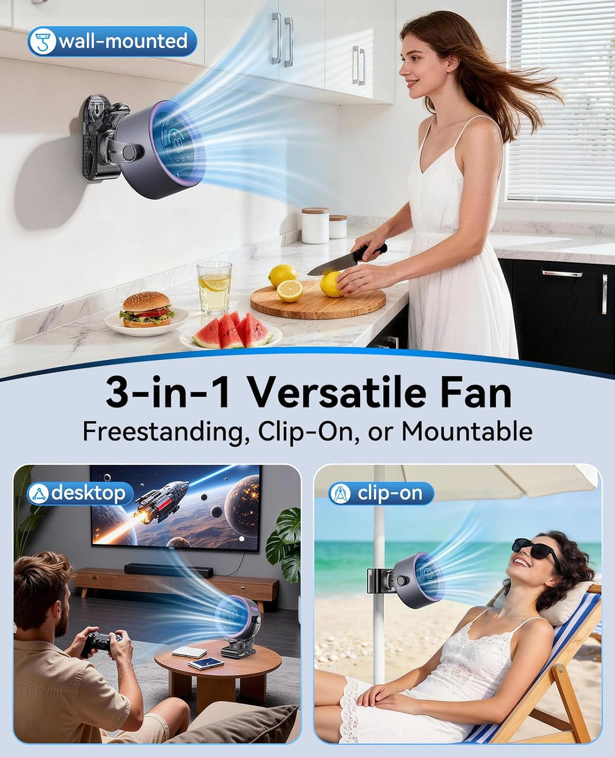 KIMMOO 4000mAh Rechargeable Portable Clip on Fan-100-Speed Touch Control, LED Display, 360° Rotate Quiet Turbo Desk Fan, Small Battery Operated USB Fan for Stroller Bed Travel Camping Golf Gym (White)