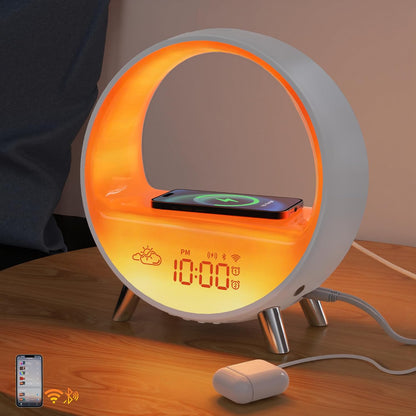 MOMILLA Smart Sunrise Alarm Clock with Wireless Charging Station, App Control Wake-Up Light & White Noise Sound Machine, Bluetooth Speaker, Compatible with Airpods/iPhone for Bedrooms & Heavy Sleepers | Bluetooth Speaker App Control,Wake-Up Light,White