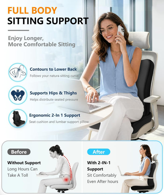 Lumbar Support Pillow & Seat Cushion for Office Chair, Memory Foam Office Chair Cushion for Tailbone Pain Relief and Lower Back Support, Ergonomic Desk Chair Cushion for Gaming,Wheelchair,Home