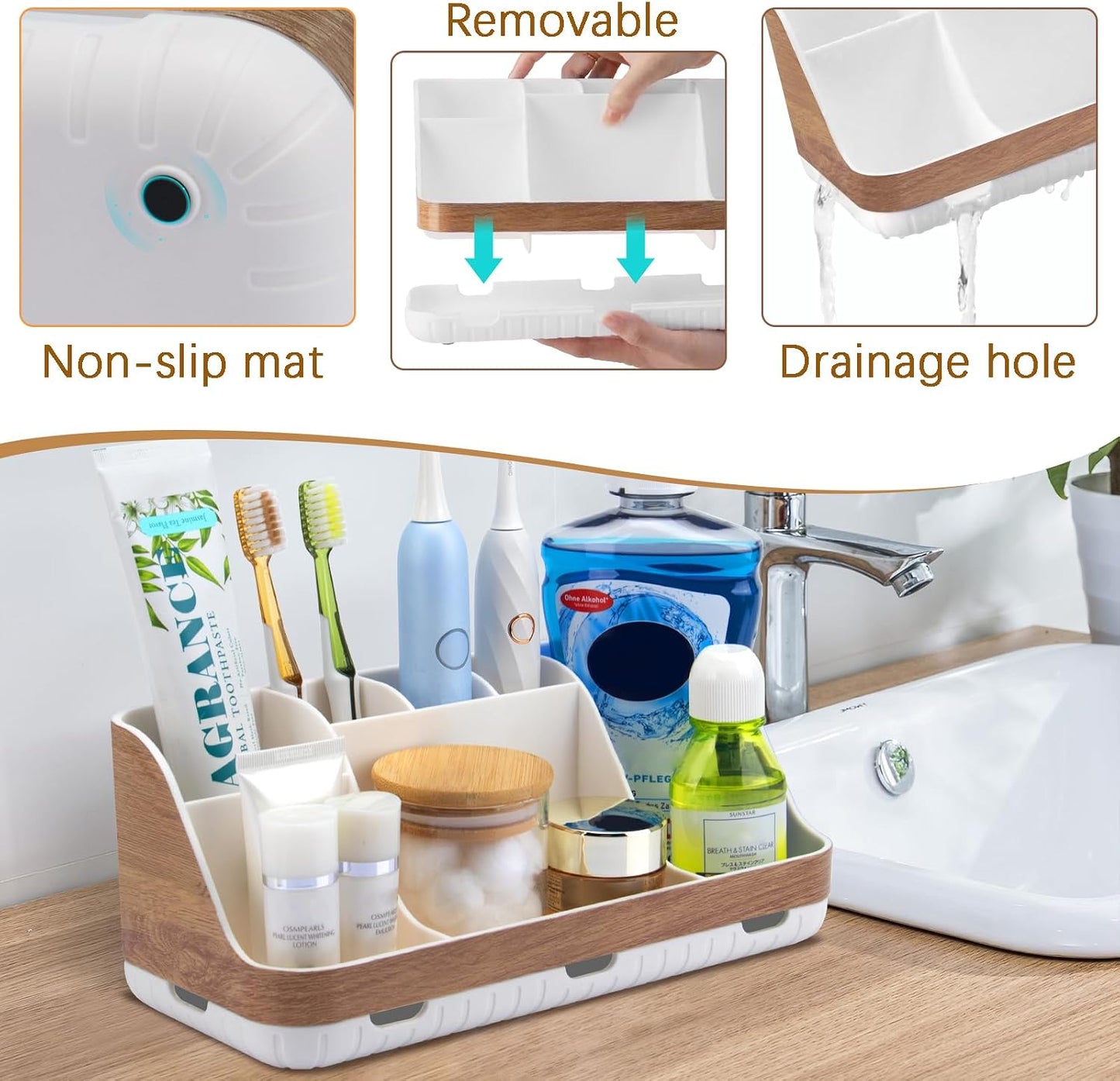 GFWARE Black Toothbrush Holder - 7 Slots Bathroom Organizer Countertop with Drainage Matte Black Electric Toothbrush and Toothpaste Holder for Bathroom Accessories Sink Storage