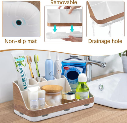 GFWARE Black Toothbrush Holder - 7 Slots Bathroom Organizer Countertop with Drainage Matte Black Electric Toothbrush and Toothpaste Holder for Bathroom Accessories Sink Storage