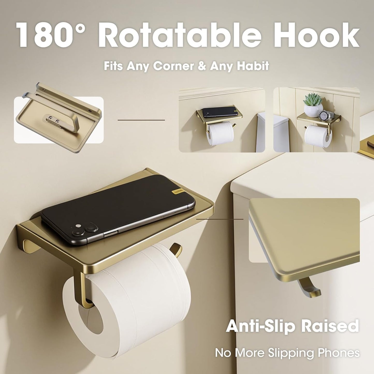 TRUSTMI Toilet Paper Holder with Phone Shelf, Zinc Alloy, Brushed Gold | Solid zinc alloy holder holds 15 lbs and fits jumbo rolls. Shelf stores phones and wipes for easy bathroom organization