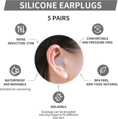 LYSIAN Moldable Silicone Ear Plugs for Sleep & Swim, Adults & Kids, 5 Pairs | Reusable noise cancelling moldable earplugs for sound blocking, snoring & study; blue