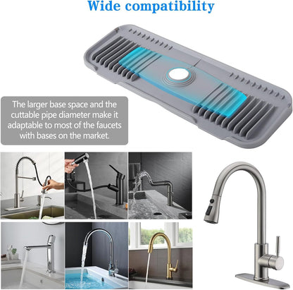 Kingmall 2nd Generation Silicone Faucet Mat, Kitchen Faucet Drip Catcher with Cuttable Circular Center for Kitchen Sink, Tailor-Made for Faucets with Deck Plate, Food Grade Silicone, Light Grey